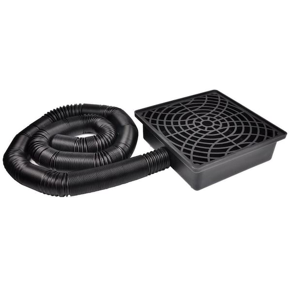 12 in. x 12 in. Black Plastic Low Profile Gutter Catch Basin Drain Kit with 16.4 ft. Flexible Pipe Downspout Extensions