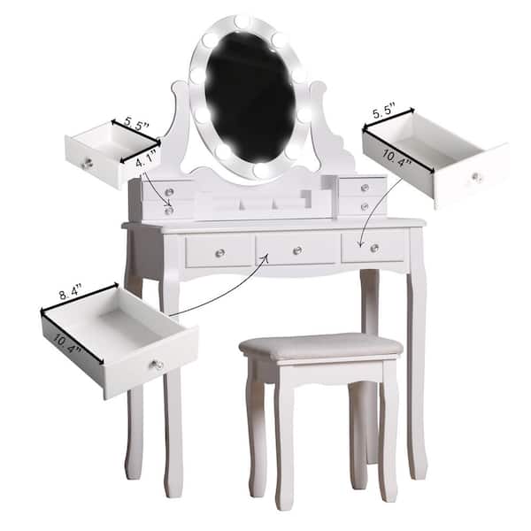 Veikous White Wooden Bedroom Vanity Sets Makeup Table With Oval Led Light Mirror And Stool Szt007 The Home Depot Veikous White Wooden Bedroom Vanity, Bedroom Vanity With Led Lights