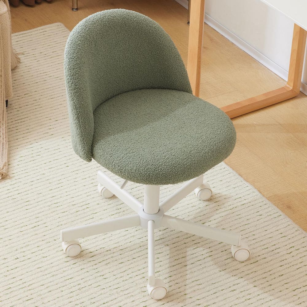 Teddy Fleece Velvet Seat Liftable Swivel Office Chair in Bean Paste Green Armless