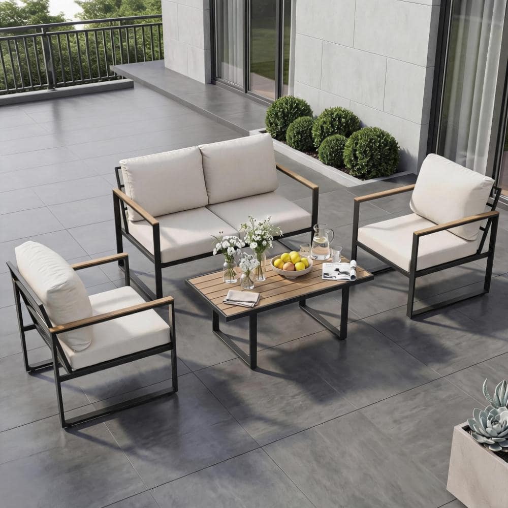 4-Piece Metal Outdoor Patio Conversation Sofa Set with Beige Cushions and Coffee Table price history on PriceWatchPro