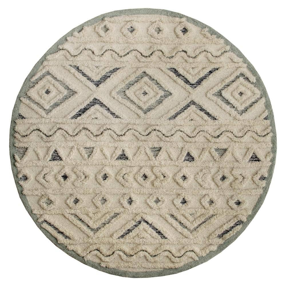 Ox Bay Tufted Geometric Motif Area Rug  4 ft. Round  Cream & Light Blue