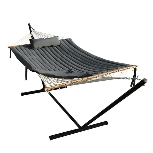VEIKOUS 12 ft. Quilted 2-Person Hammock Bed with Stand and Detachable Pillow in Green