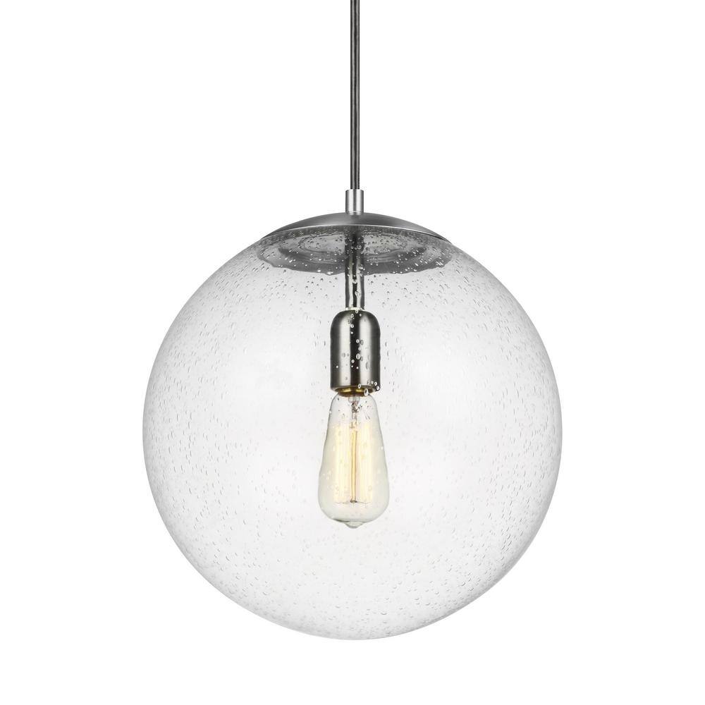 Leo 14" Satin Aluminum Globe Pendant with Clear Seeded Glass
