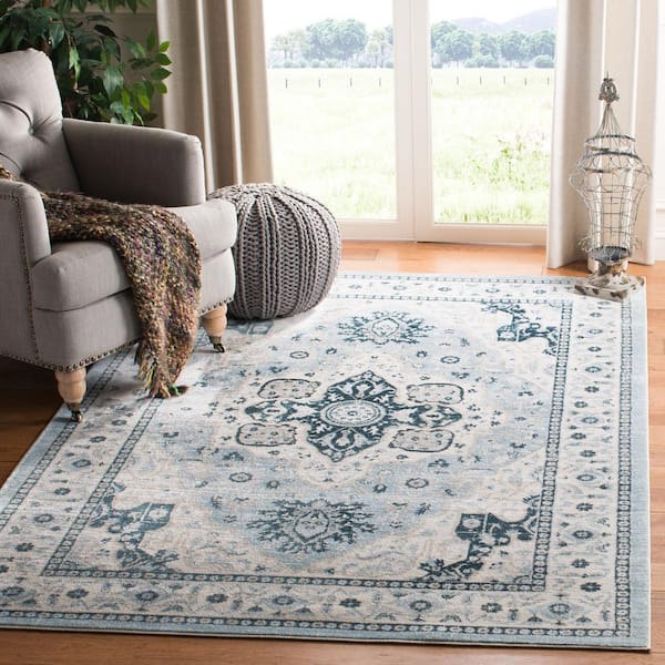 Isabella Light Blue/Cream 8 ft. x 10 ft. Medallion Border Area Rug
