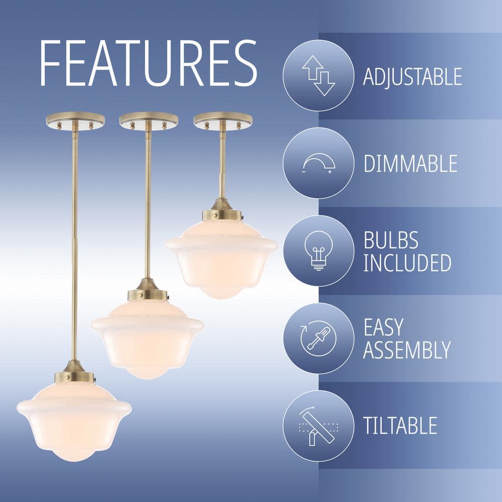 Kurtz 9.5" Brass Gold & White Glass LED Pendant with Adjustable Drop