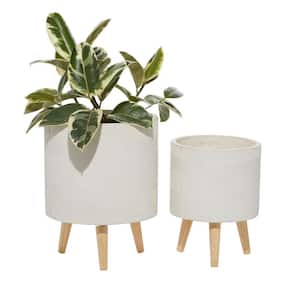 16in. Medium White Ceramic Indoor Outdoor Planter with Wood Legs (2- Pack)