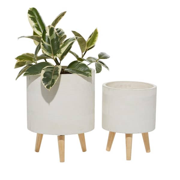 Litton Lane 16in. Medium White Ceramic Indoor Outdoor Planter with Wood Legs (2- Pack)