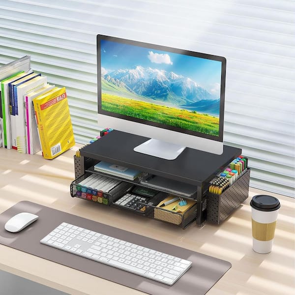 Ink Black 16 in. x 6 in. Metal Modern Desk Organizer Stand with Drawer and Pen Holder