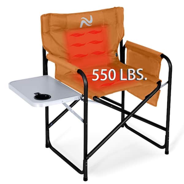 BOZTIY Heated Camping Directors Chair with Side Table Pocket Oversized Outdoor Portable Heating Folding Chair 550 lbs. (Brwon)