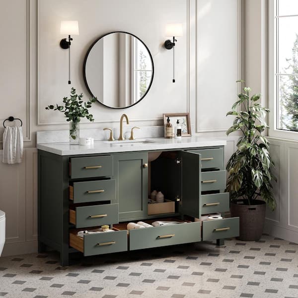 Cambridge 60 in. Single Sink Freestanding Bathroom Vanity in Vintage Sage Green with Carrara White Marble Top