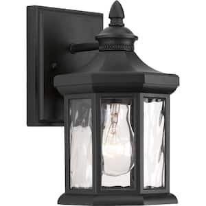 Edition Collection 1-Light Textured Black Clear Water Glass Traditional Outdoor Small Wall Lantern Light