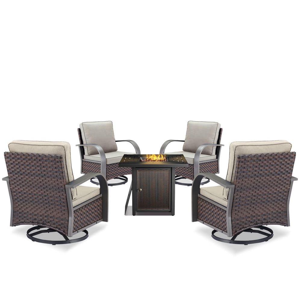 5-Piece Wicker Patio Conversation Set Rocking Swivel Chair Glide with Fire Pit Table and Beige Cushions price history on PriceWatchPro