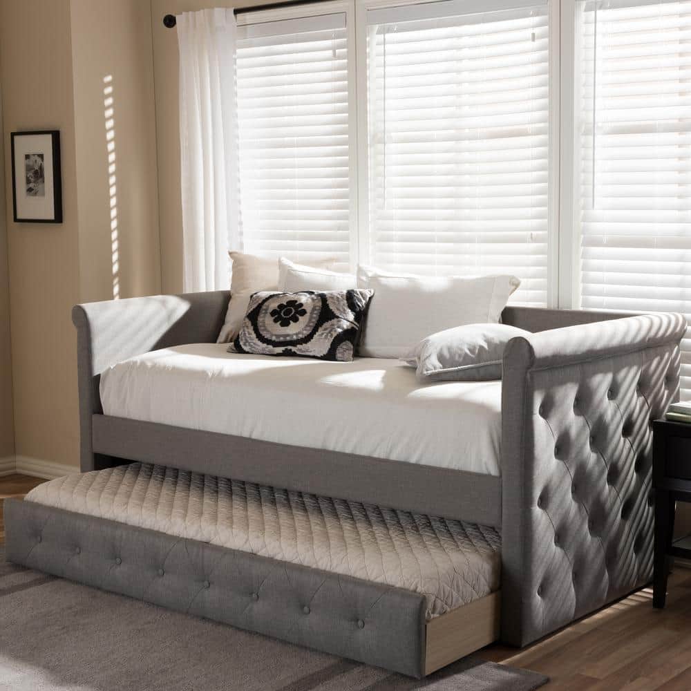 Twin Gray Upholstered Wood Frame Daybed with Trundle