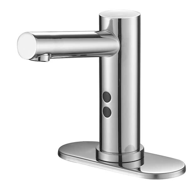 Automatic Sensor Touchless Single Hole Bathroom Sink Faucet with Deck Plate in Polished Chrome