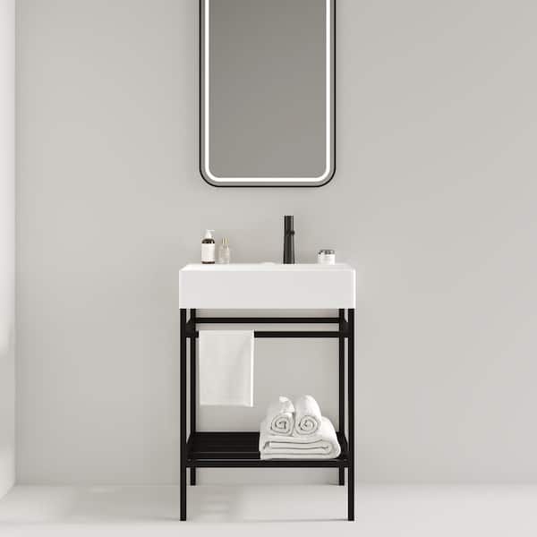 24 in. Freestanding Black Bath Vanity with White Ceramic Top