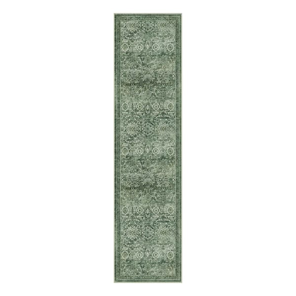 The Wizard of Oz 2 ft. X 8 ft. Green Distressed Washable Vintage Floral Runner Rug