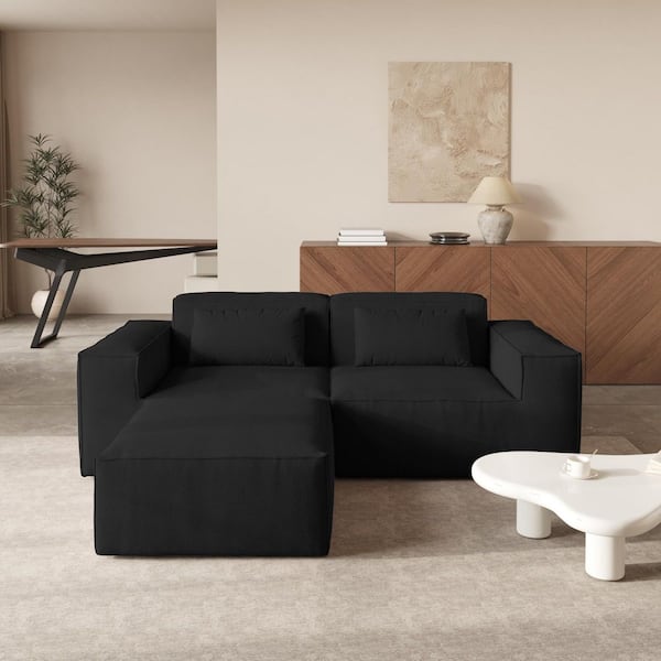 87 in. Square Arm Cloud Fleece Fabric Overside 2-Seater Modular Sectional Sofa with Ottoman in Black for Apartment