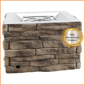 Tan/Brown Ledgestone Polyurethane Stone 24"x24"x8" Double Row Square Propane Gas Fire Pit, Stainless Steel Fire Bowl