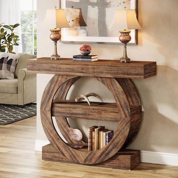 BYBLIGHT Turrella 41.3 in. Rustic Brown Rectangle Wood Console Table, 3-Tier Farmhouse Sofa Table for Entryway Living Room