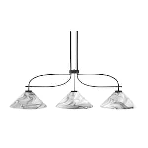 Wensley 3-Light Matte Black and Painted Distressed Wood-Look Metal Chandelier with Onyx Swirl Glass Shades