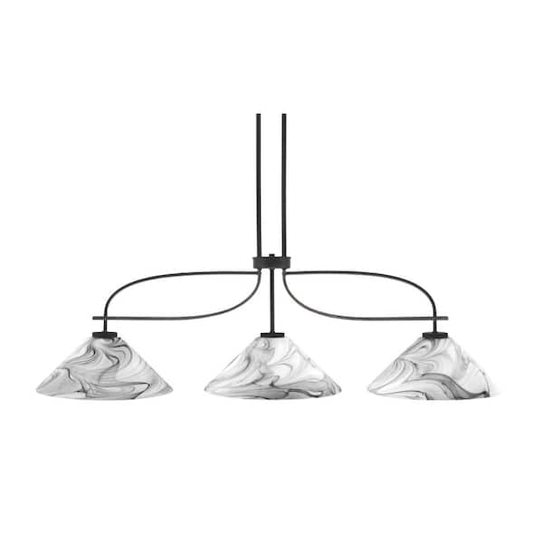 Unbranded Wensley 3-Light Matte Black and Painted Distressed Wood-Look Metal Chandelier with Onyx Swirl Glass Shades