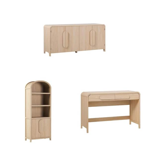 64 in. Sideboard, 76 in. Bookcase and 45 in. Desk with Waterfall Edges and Statement Pulls