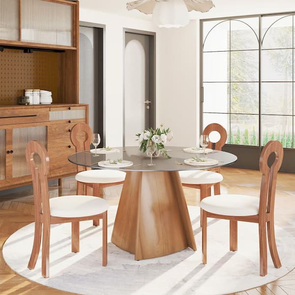 Round 53 in. Walnut Tempered Glass Tabletop with Pedestal Base Dining Table (Seats 6)