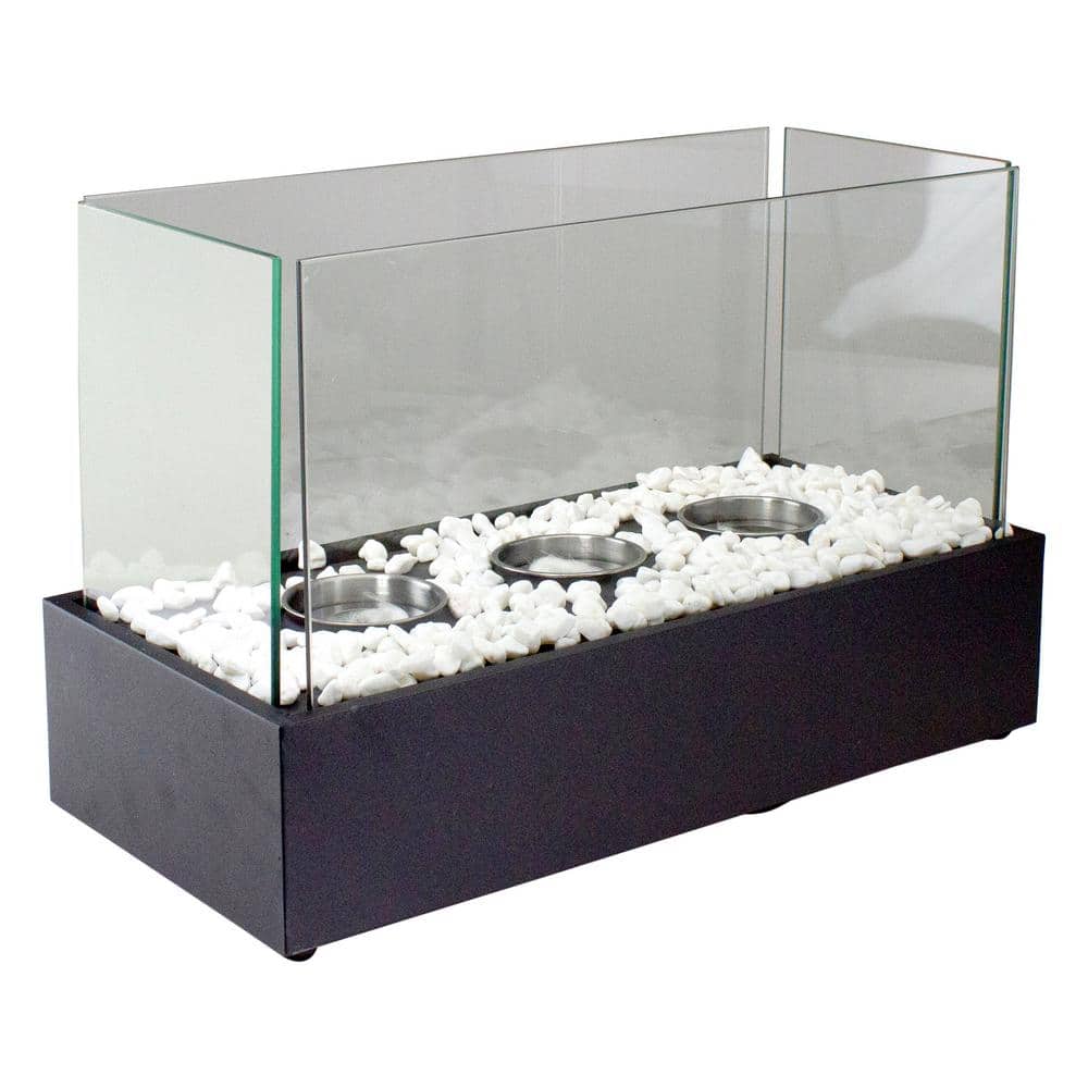 Black Bio Ethanol Ventless Tabletop Triple Fireplace with Glass Panels