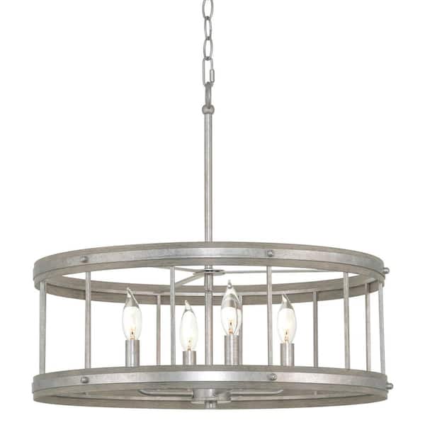 Kira Home Brynn 60-Watt 4-Light Galvanized Steel Farmhouse Pendant Light with Galvanized Steel, Gray Oak Shade, No Bulb Included