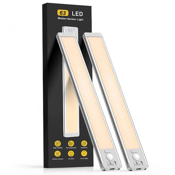 2-Pack 14.7 in. Warm White Under Cabinet 63 LED Light, Rechargeable Motion Sensor Light for Kitchen Stair