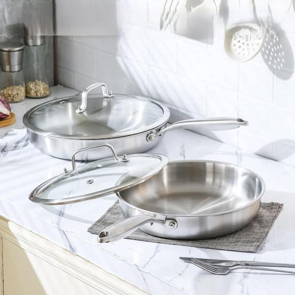 Diameter 12.5 in. Tri-Ply Stainless Steel Skillet with Lid, Compatible with All Cooktops, Dishwasher Safe