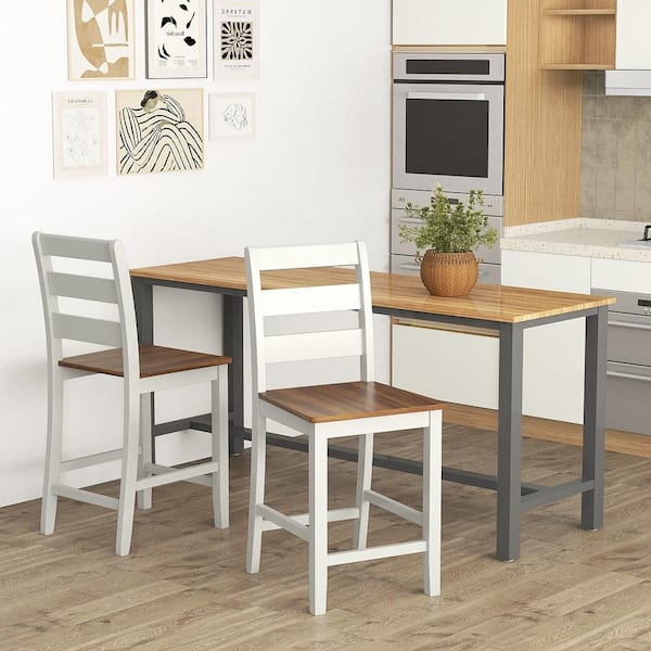 Gymax Gray and Walnut Rubber Wood Counter Height Chairs with Inclined Backrest Crossbars (Set of 2)