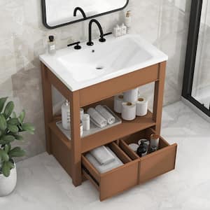 30 in. x 18 in. x 34 in. Freestanding Rubber Wood Bathroom Vanity Storage Cabinet in Brown with White Caremic Top