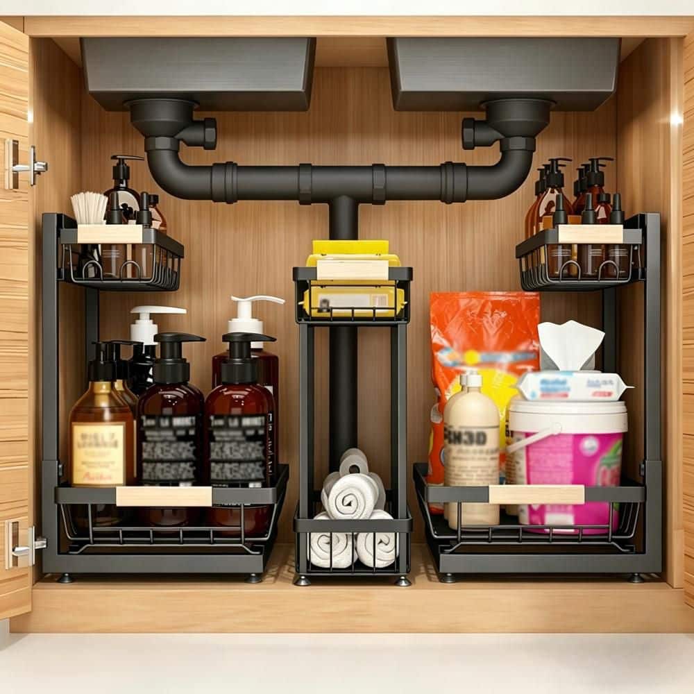 Esepony 2 Tier Metal Under Sink Organizer with Height Adjustable