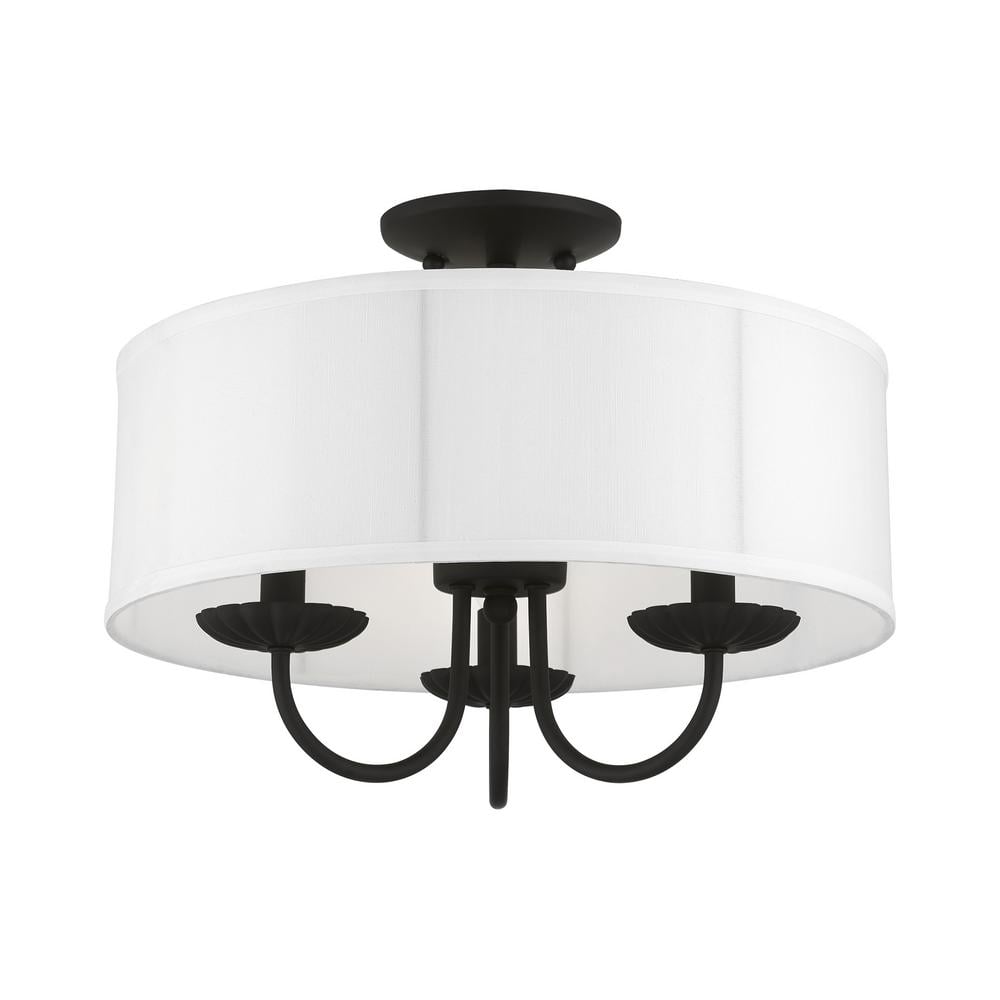 Brookdale Black Brass 3-Light Semi-Flush Mount with Fabric Shade