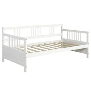 79 in. W Square Arm Fabric Straight Twin Size Wooden Slats Daybed Bed Sofa Support Platform Sturdy with Rails in White