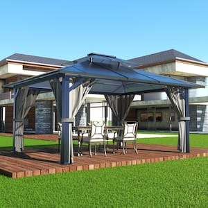 13 ft. x 10 ft. Polycarbonate Double Top Gazebo with Gray Curtains and Netting