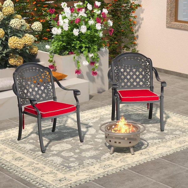 Black Stackable Cast Aluminum Patio Outdoor Dining Chairs with Red Seat Cushions (Set of 2)