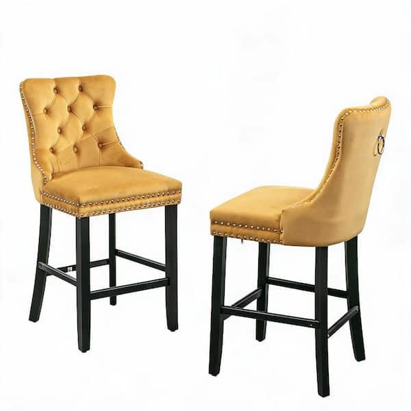 Gold Velvet Button Tufted Barstools with Chrome Nailhead Trim and Wooden Legs, Leisure Style Bar Chairs Set of 2