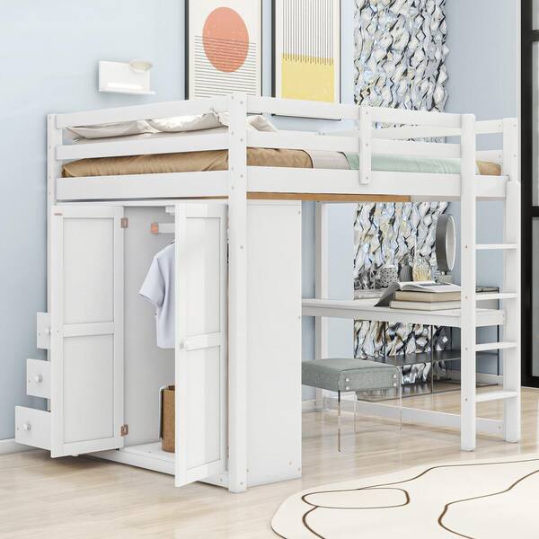 Polibi Wood Full Size Loft Bed with Built-in Wardrobe, Desk, Storage Shelves and Drawers, White