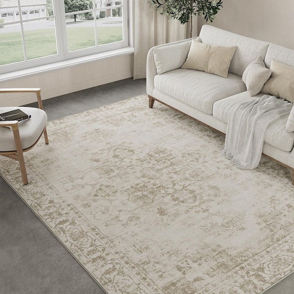 Maria Taupe 5 ft. x 7 ft. Vintage Washable Medallion Distressed Area Rug