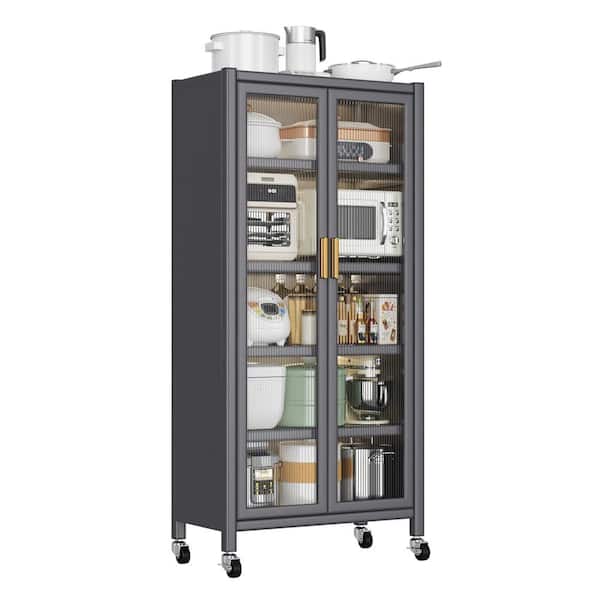 FUNKOL 5-Tier Open Door Black Metal Kitchen Shelf with Alloy Universal Wheels