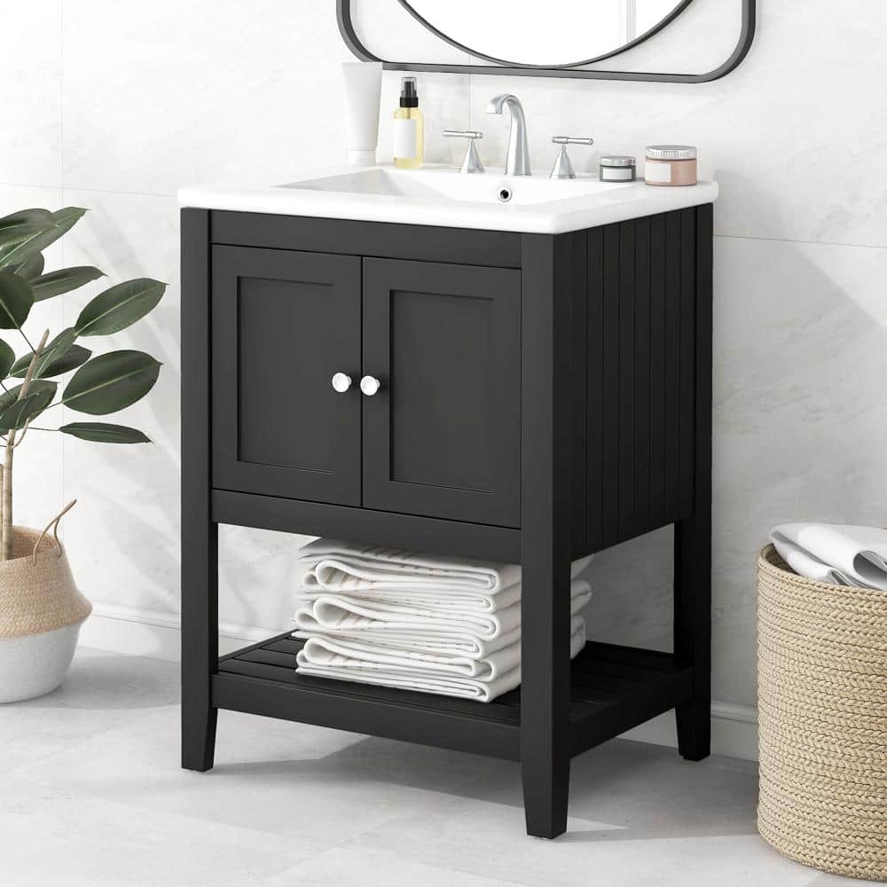 24 in. W x 18.1 in. D x 33.4 in. H Freestanding Bath Vanity in Black with White Ceramic Top and Open Shelf(Unassembled) price history on PriceWatchPro