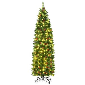 6.5 ft. Pre-Lit LED Slim Pencil Artificial Christmas Tree with Red Berries and Pinecones