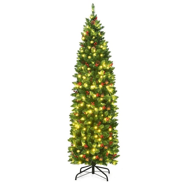 6.5 ft. Pre-Lit LED Slim Pencil Artificial Christmas Tree with Red Berries and Pinecones