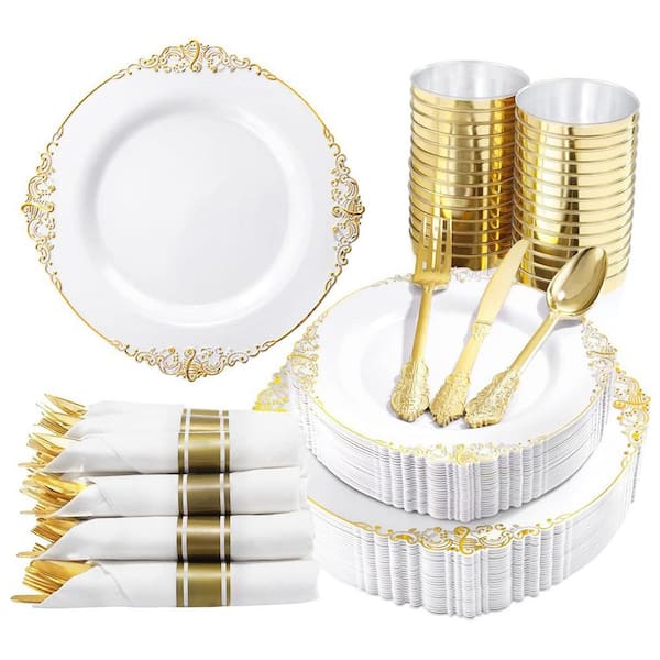 Adrinfly Gold Plastic Dinnerware Set for 50 Guests - 350-Pieces