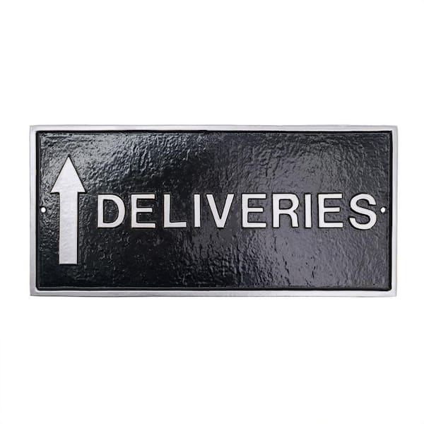Montague Metal Products 7.25 in. x 15.25 in. Deliveries with Up Arrow Standard Rectangle Wall Statement Plaque - Black/Silver