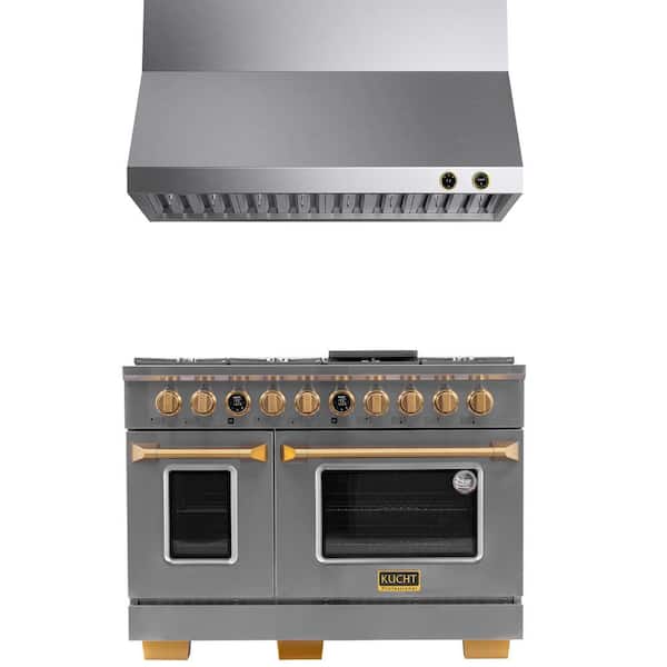 48 in. 6.7 cu. ft. 8-Burner Double Oven Dual Fuel Range Natural Gas in Stainless Steel & Gold Plus Wall Mount Range Hood
