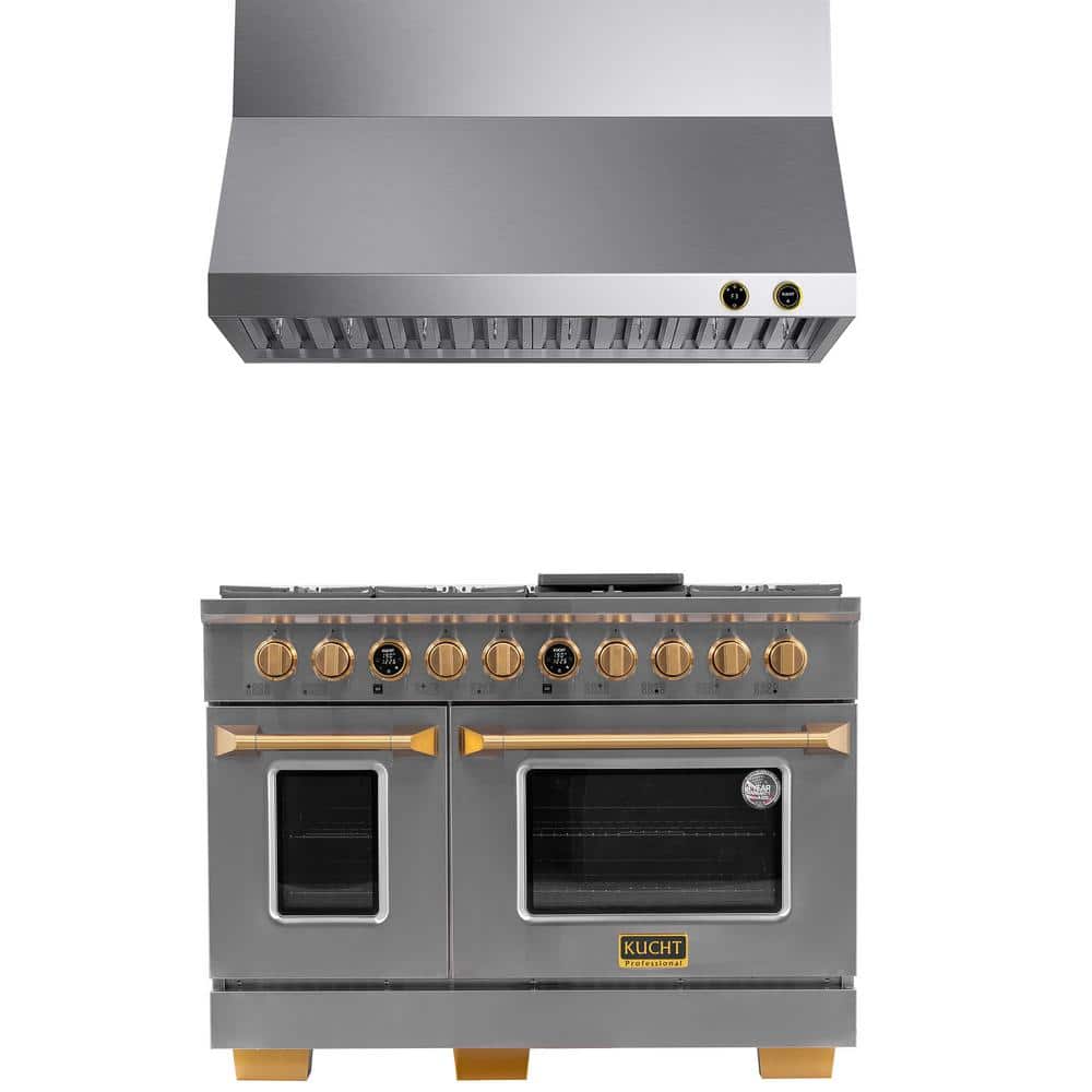 48 in. 6.7 cu. ft. 8-Burner Double Oven Dual Fuel Range Propane Gas in Stainless Steel & Gold Plus Wall Mount Range Hood price history on PriceWatchPro