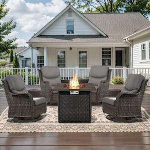 5-Piece Brown Wicker Outdoor Square Fire Pit Conversation Set with Gray Cushions and Swivel Rocker Patio Chairs